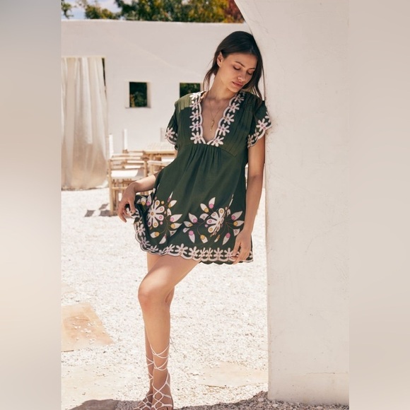 Anthropologie Dresses & Skirts - Anthropologie Pintuck Embroidered Mini Dress Color Seaweed Cotton Modal Size XS